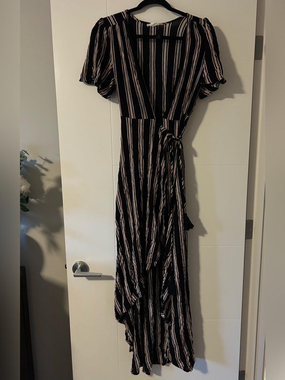 Cotton Candy Black, blush and cream, Striped Wrap Maxi Dress